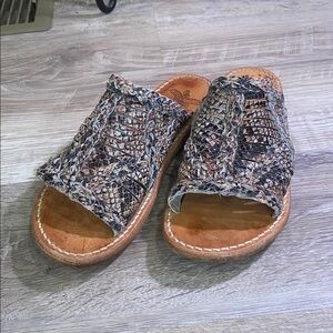 freebird Braided Snake-Print Slide Sandals in Brown and Black